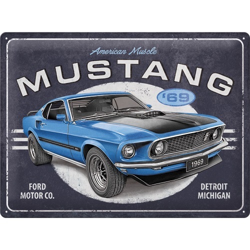 Metalen wandplaat 30x40cm Ford Mustang - 1969 Match 1 Blue